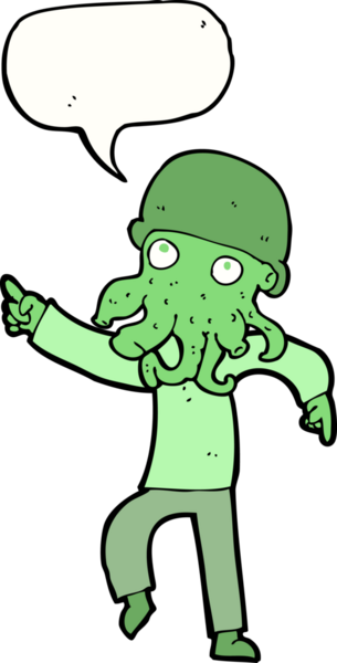 Bir insan tarafından çizilmiş konuşma baloncuğuyla dans eden uzaylı adam.