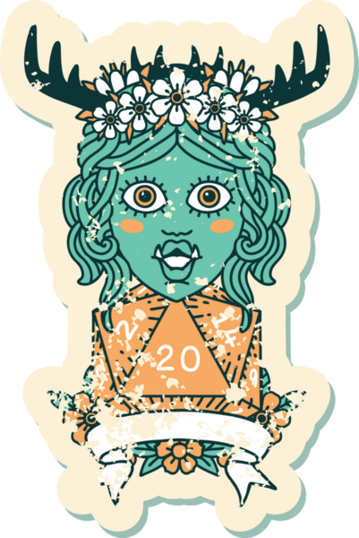 Retro Dövme Biçimli Ork karakteri bir insan tarafından çizilmiş 20 zar ile