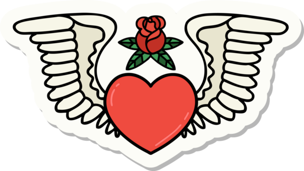 Bir insan tarafından çizilmiş kanatlı bir kalbin geleneksel stiliyle dövme çıkartması.