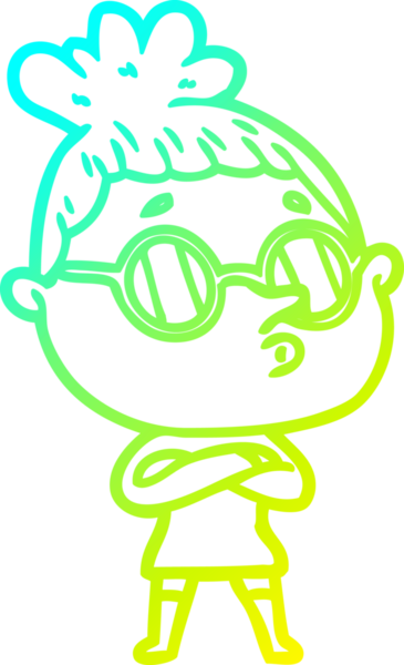 Bir insan tarafından çizilmiş gözlük takan çizgi film kadını çizimi.