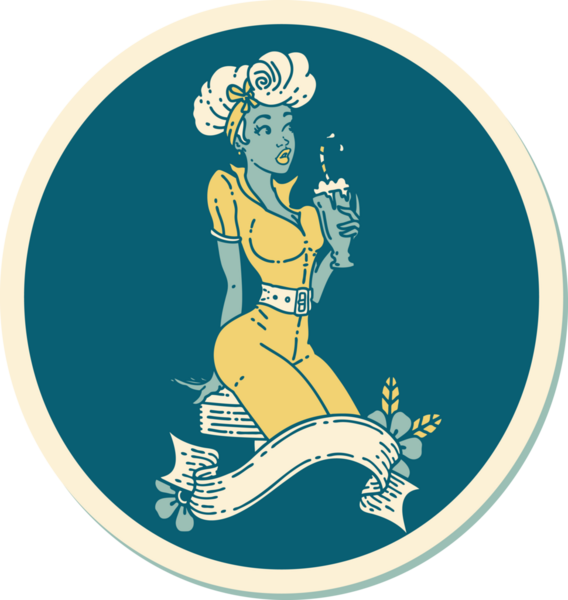 Geleneksel stil dövmeli bir kız milkshake 'i bir insan tarafından çizilmiş bir pankartıyla içiyor.