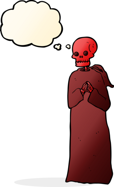 Bir insan tarafından çizilmiş düşünce baloncuklu cüppeli ürkütücü iskelet.