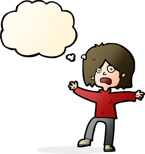 Bir insan tarafından çizilmiş düşünce baloncuğu olan korkmuş bir çizgi film karakteri.