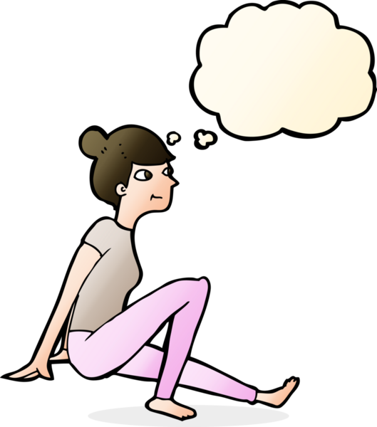 Bir insan tarafından çizilmiş düşünce baloncuğuyla oturan çizgi film kadını.