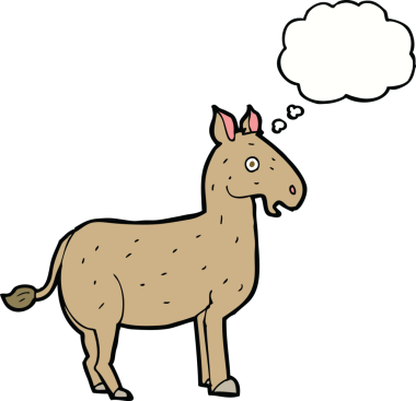 Bir insan tarafından çizilmiş düşünce kabarcığı olan çizgi film katırı.