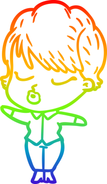 Gökkuşağı gradyan çizgi çizimi bir insan tarafından çizilmiş gözleri olan bir karikatür kadın