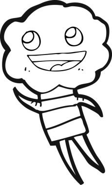 Bir insan tarafından çizilmiş siyah beyaz çizgi film sevimli bulut kafalı yaratık.