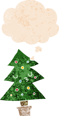 Düşünce baloncuğu olan karikatür noel ağacı grunge sıkıntılı retro dokuma tarzı bir insan tarafından çizilmiş