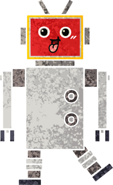 Bir insan tarafından çizilmiş mutlu bir robotun retro çizim tarzı karikatürü