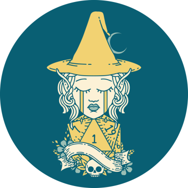 Retro Dövme Tarzı Ağlayan Elf Büyücüsü karakteri yüzü ve bir insan tarafından çizilmiş D20 rulosu