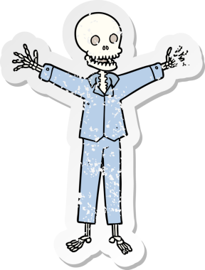 Bir insan tarafından çizilmiş pijama giymiş bir iskeletin sıkıntılı çıkartması.