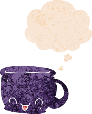 Düşünce baloncuklu bir kahve fincanı grunge sıkıntılı retro desenli bir insan tarafından çizilmiş