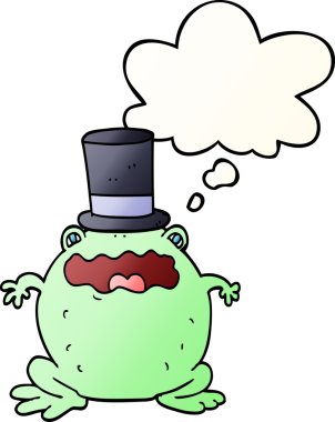 Düşünce baloncuklu silindir şapkalı çizgi film karakurbağası bir insan tarafından çizilmiş.