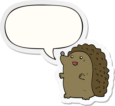 Bir insan tarafından çizilmiş konuşma balonu çıkartmalı mutlu kirpi çizgi filmi.