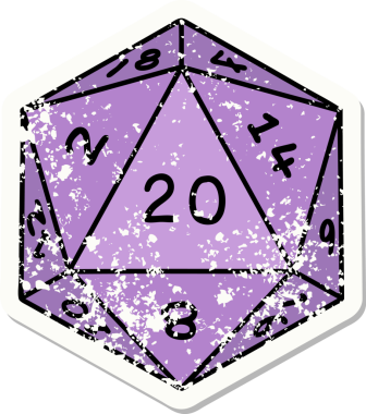 Bir insan tarafından çizilmiş 20 D20 zarının grunge sticker 'ı.