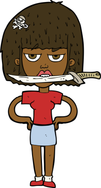 Bir insan tarafından çizilmiş, dişlerinin arasında bıçak olan çizgi film kadını.