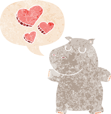 Çizgi film hipopotamları, bir insan tarafından çizilmiş dertli retro tarzdaki konuşma baloncuğuna aşık.