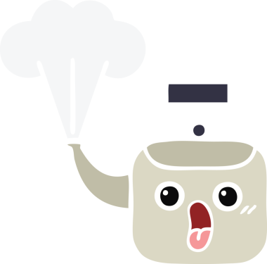 Bir insan tarafından çizilen dumanı tüten bir çaydanlığın düz renkli retro karikatürü