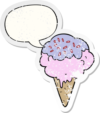 Konuşma balonlu çizgi film dondurması bir insan tarafından çizilmiş sıkıntılı eski bir çıkartma