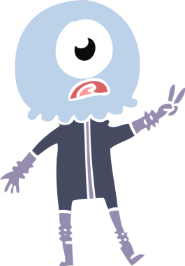 Düz renkli çizgi film Tepegöz uzaylı uzay adamı bir insan tarafından çizilmiş barış işareti veriyor.