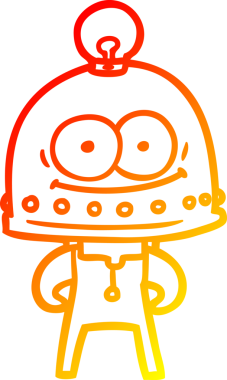 Bir insan tarafından çizilmiş ampullü mutlu bir robot çizimi.