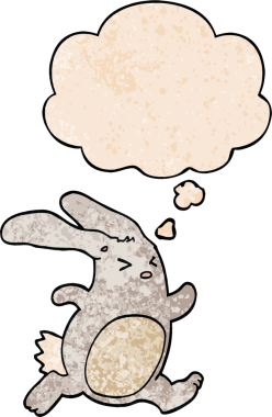 Bir insan tarafından çizilmiş grunge desenli düşünce baloncuklu çizgi film tavşanı.