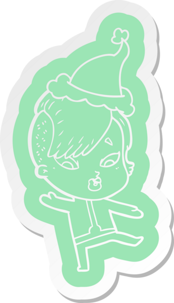 Bilim kurgu elbiseli, Noel Baba şapkası takan, şaşırmış bir kızın çizgi film çıkartması.