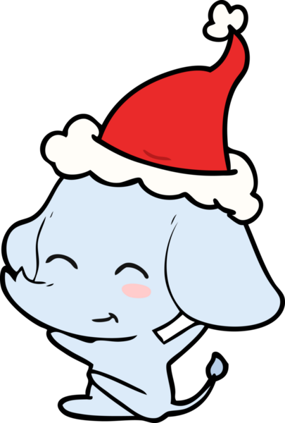 Bir insan tarafından çizilmiş Noel Baba şapkası takan bir fil çizilmiş.