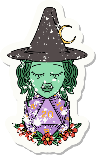 Bir insan tarafından çizilmiş doğal yirmi zarlı yarım ork büyücüsünün grunge çıkartması.