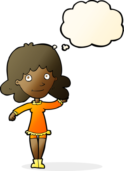 Karikatür dostu kadın bir insan tarafından çizilmiş düşünce balonuyla el sallıyor.