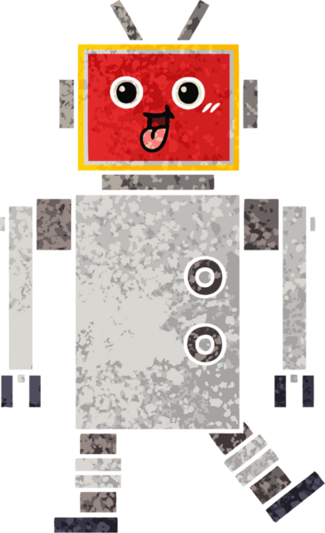 Bir insan tarafından çizilmiş mutlu bir robotun retro çizim tarzı karikatürü
