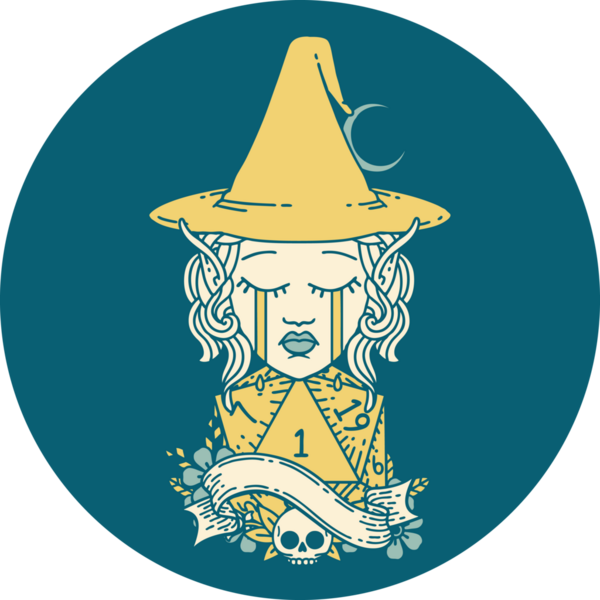 Retro Dövme Tarzı Ağlayan Elf Büyücüsü karakteri yüzü ve bir insan tarafından çizilmiş D20 rulosu