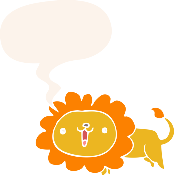 Bir insan tarafından çizilmiş konuşma baloncuğu olan sevimli çizgi film aslanı.