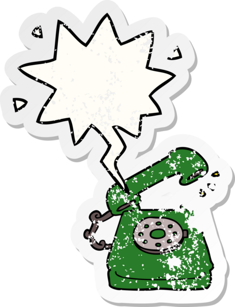 bir insan tarafından çizilmiş, sıkıntılı, eski bir etiketli, konuşma baloncuklu eski bir telefon.