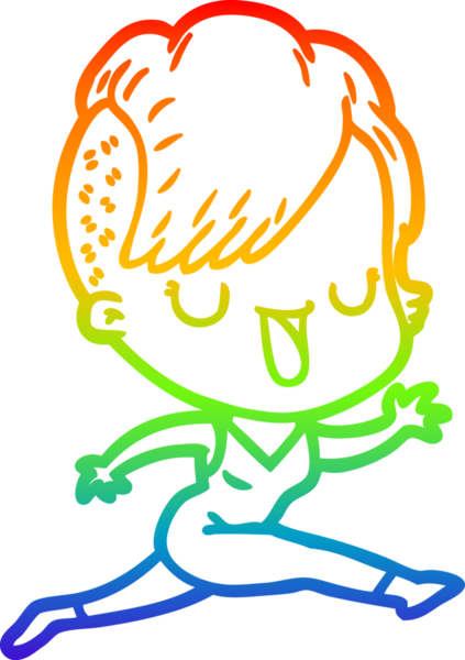 Gökkuşağı gradyan çizimi. Hipster saç kesimi bir insan tarafından çizilmiş şirin bir çizgi film kızı.