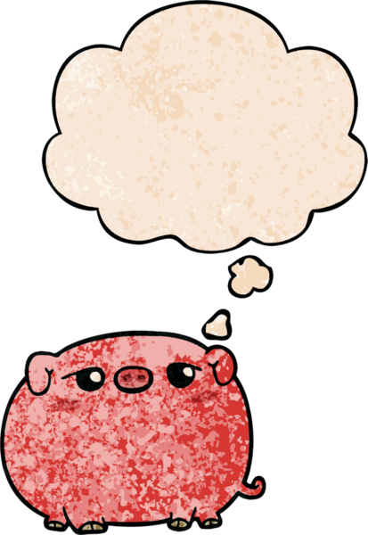 Düşünce baloncuğu olan sevimli çizgi film domuzu. Bir insan tarafından çizilmiş grunge desen tarzı.