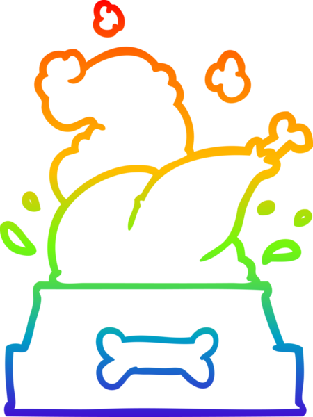 Gökkuşağı gradyan çizgisi bir insan tarafından çizilmiş mutlu bir Noel için bir köpek kasesine tıkıştırılmış pişmiş hindinin çizimi.