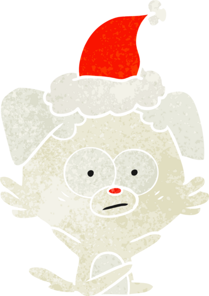 Gergin köpek eli, bir insan tarafından çizilmiş Noel Baba şapkasının eski çizgi filmini çizdi.