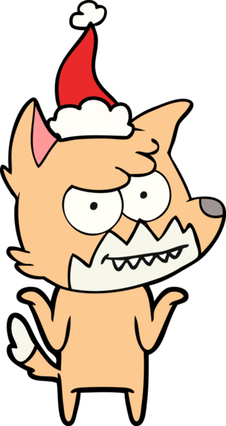 Bir insan tarafından çizilmiş Noel Baba şapkası giymiş sırıtan bir tilkinin el çizimi.