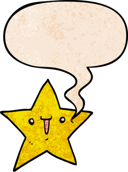 Bir insan tarafından çizilmiş eski moda konuşma baloncuğu olan sevimli çizgi film yıldızı.