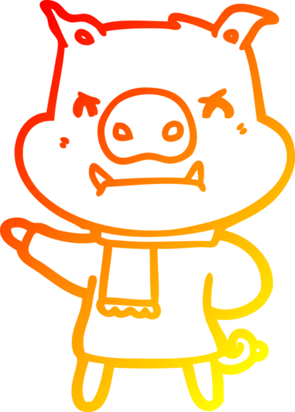 Bir insan tarafından çizilmiş kışlık giysili kızgın bir domuzun sıcak çizgi çizimi.