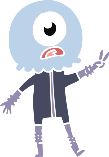 Düz renkli çizgi film Tepegöz uzaylı uzay adamı bir insan tarafından çizilmiş barış işareti veriyor.