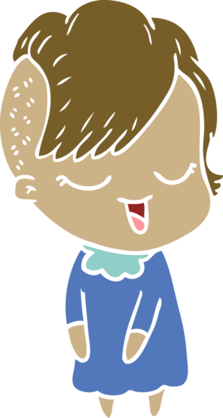 Bir insan tarafından çizilmiş mutlu düz renkli çizgi film kızı.