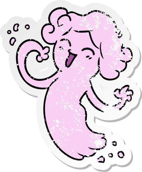 Bir insan tarafından çizilmiş mutlu pembe bir hayaletin çizilmiş, kederli bir çıkartma karikatürü.