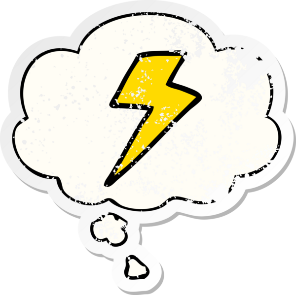 Düşünce baloncuklu karikatür yıldırımı bir insan tarafından çizilmiş yıpranmış bir çıkartma.
