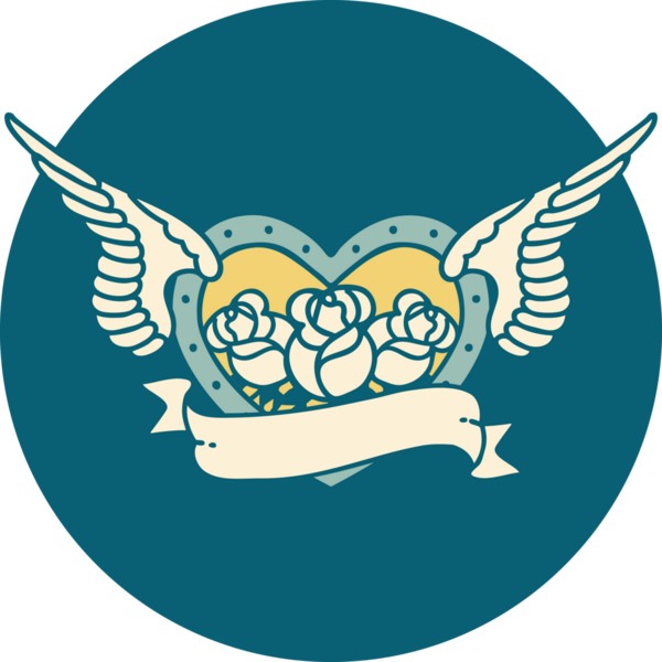 Bir insan tarafından çizilmiş çiçek ve bayrak ile uçan bir kalbin ikonik dövme görüntüsü