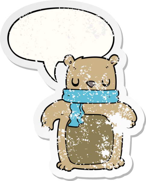 Bir insan tarafından çizilmiş, sıkıntılı, yaşlı bir çıkartma, konuşma balonlu bir eşarpla çizgi film ayısı.