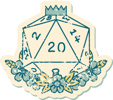 Retro Dövme Biçimi Doğal 20 D20 zar bir insan tarafından çizilmiş çiçek elementleriyle