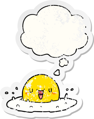 Düşünce baloncuklu karikatür yumurta insan tarafından çizilmiş yıpranmış bir çıkartma.