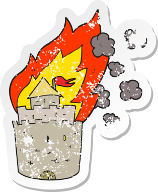 Bir insan tarafından çizilmiş yanan bir kalenin retro depresif çıkartması.
